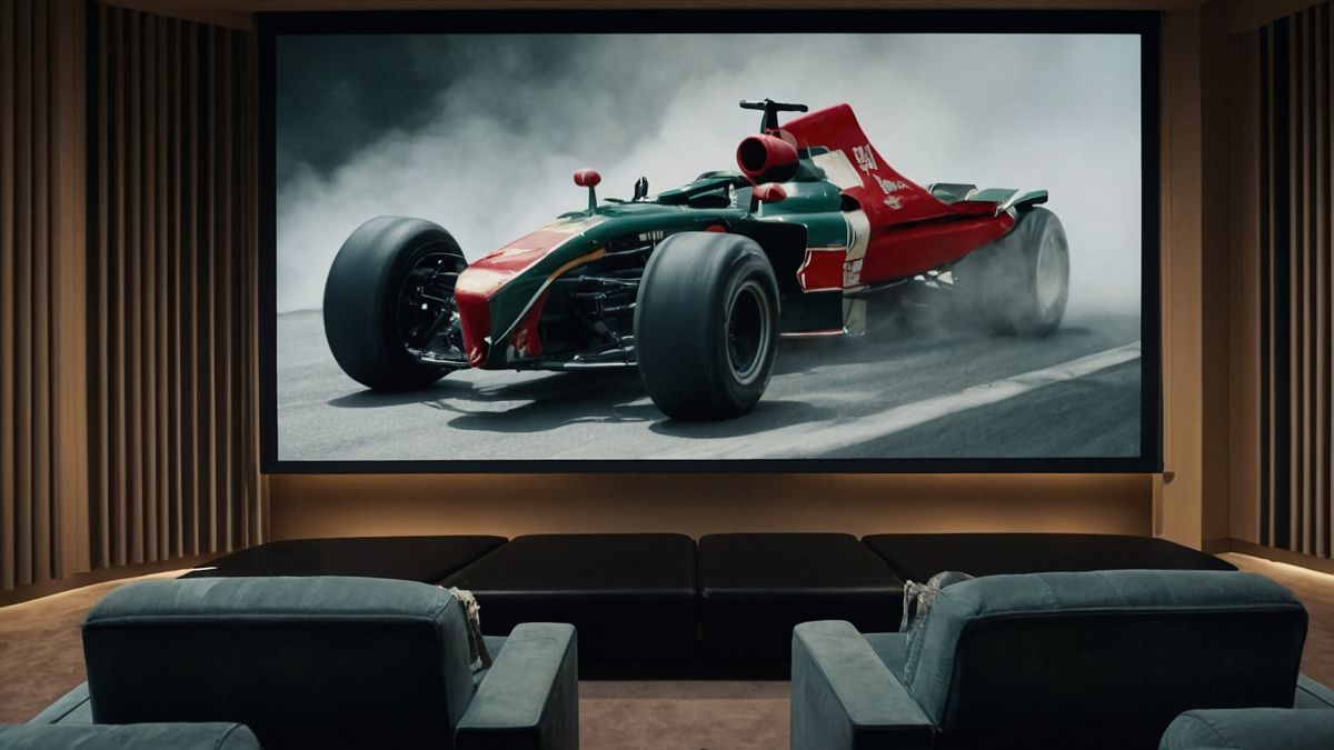 Home theater with large screen, acoustic treatment, and soft chairs. Formula 1 car displayed on screen.